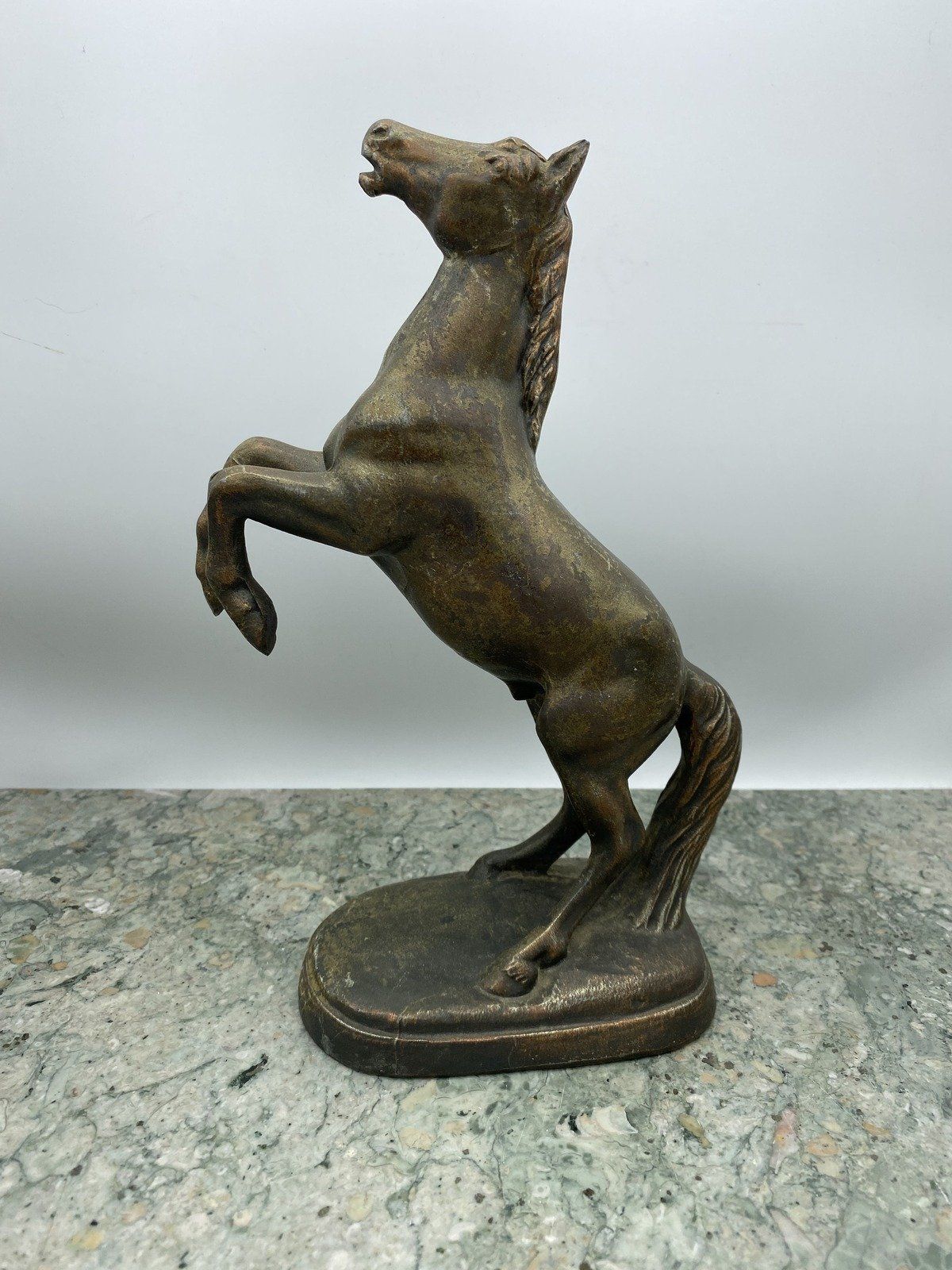 Vintage Bronze Coppery Style Raise Horse Cast Metal Statue