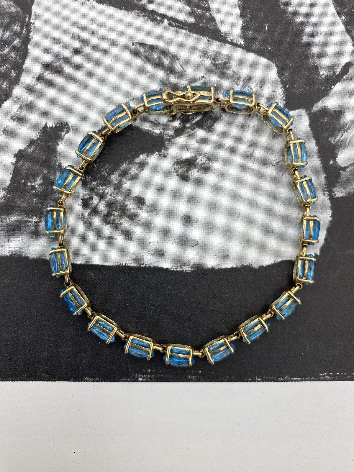 Vintage 10k Gold Oval Faceted Blue Topaz Layering Gemstone Tennis Bracelet 7L 5