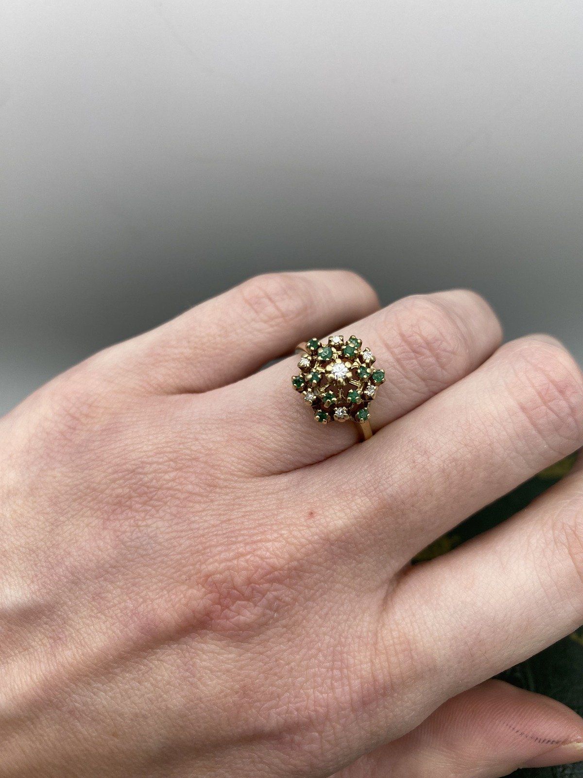 Vintage 10k Gold Emerald + Diamond Cathedral Ring #2461 7