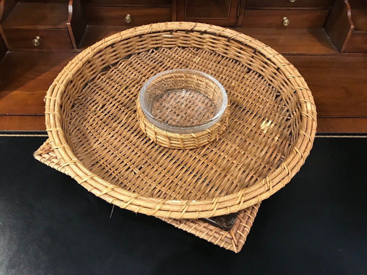 2 Matching Wicker + Glass Snack/Appetizer Divided Servers 2