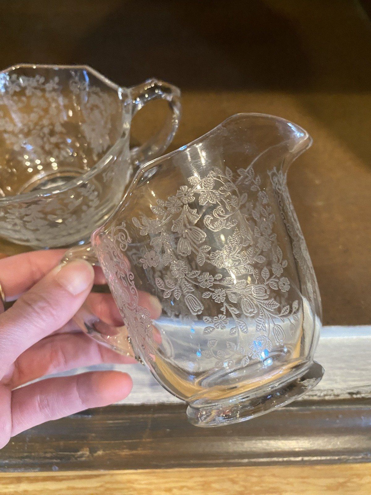 Pair of Delicately Etched Floral Sugar + Creamer 2
