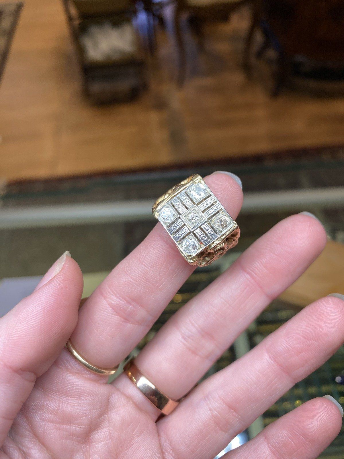 Men's Antique Conversion 14k Gold Nugget + Old Euro Mine Cut Diamond Ring #2164 7