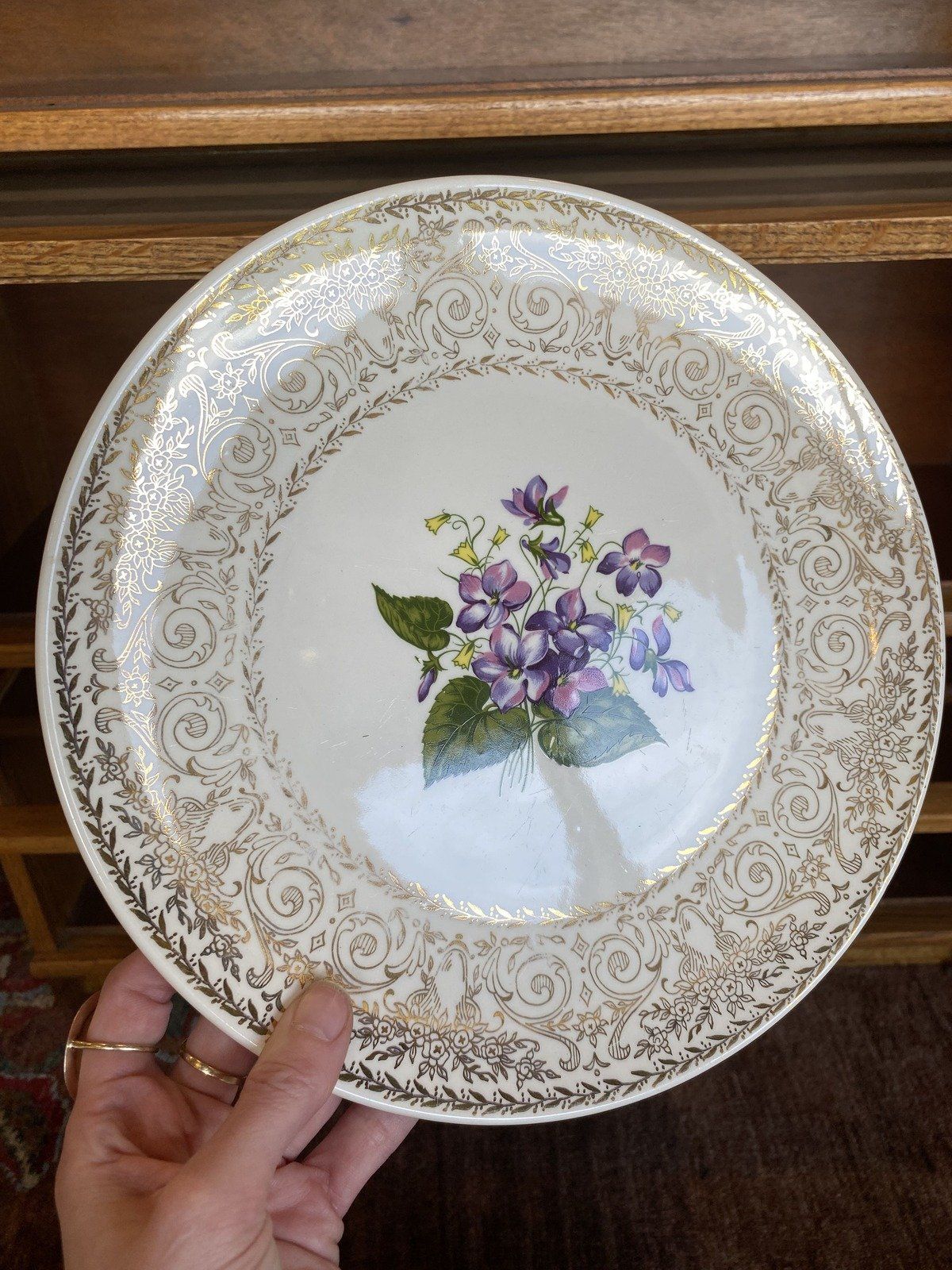 16pc 4 Place Setting Cunningham + Pickett Spring Violet + 22k Gold China Stoneware Dinner Set 9