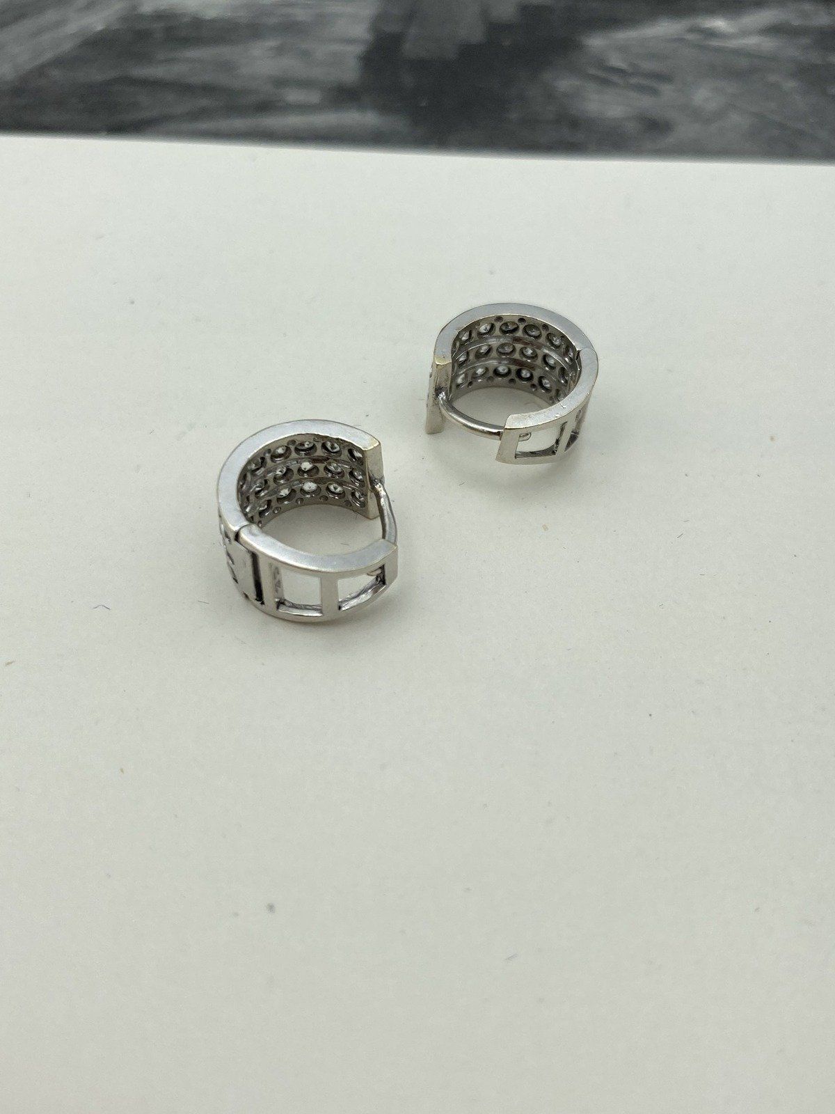 14k White Gold Trio Channel Pave Cubic Zirconia Huggie Hoop Earrings 13