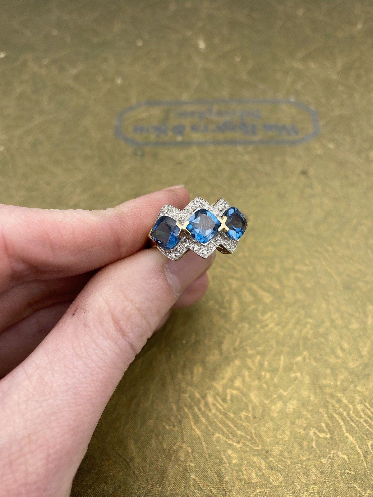 14k Gold Blue Tourmaline + Diamond Cushion Trio Ring 8