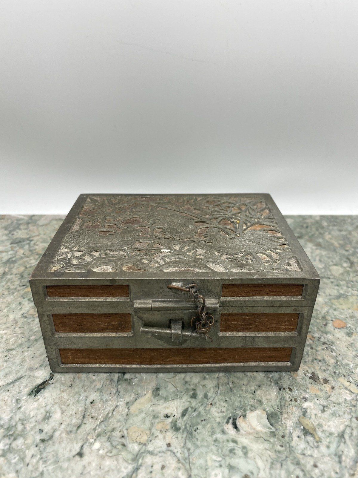 Antique Chinese Pewter + Wood Rooster Motif Trinket Box 6
