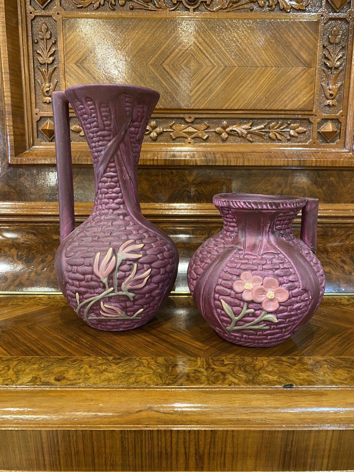 Pair of Unidentified Basket Weave + Floral Ceramic Ewer Vases