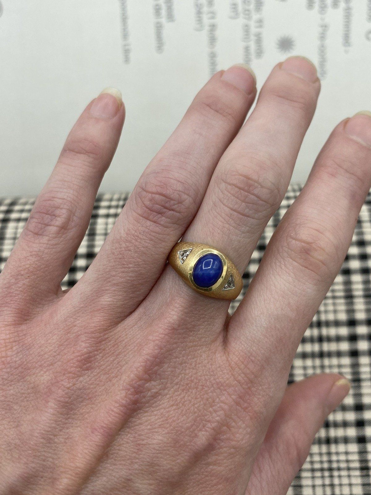 Vintage 14k Brushed Gold Star Blue Sapphire Signet Ring + Diamond Accents 4