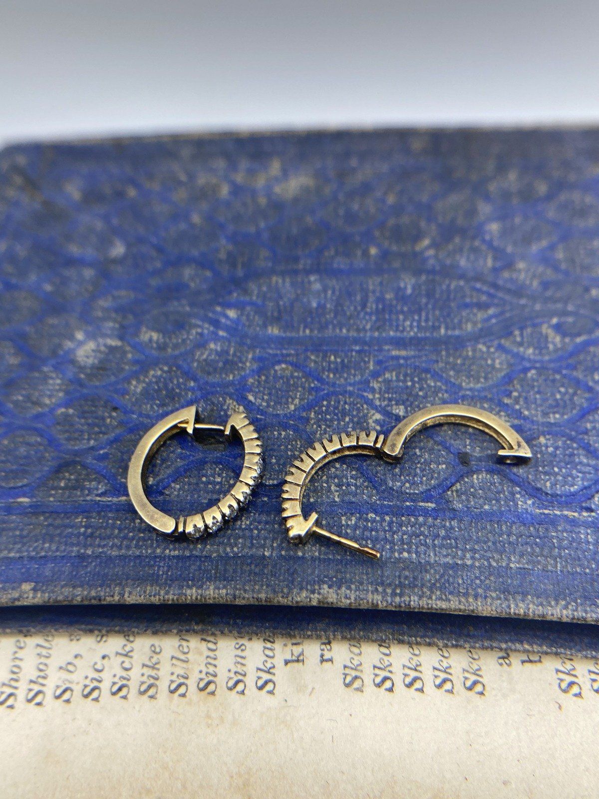 Antique German 9k Gold White Topaz Pave Sleeper Hoop Earrings 6
