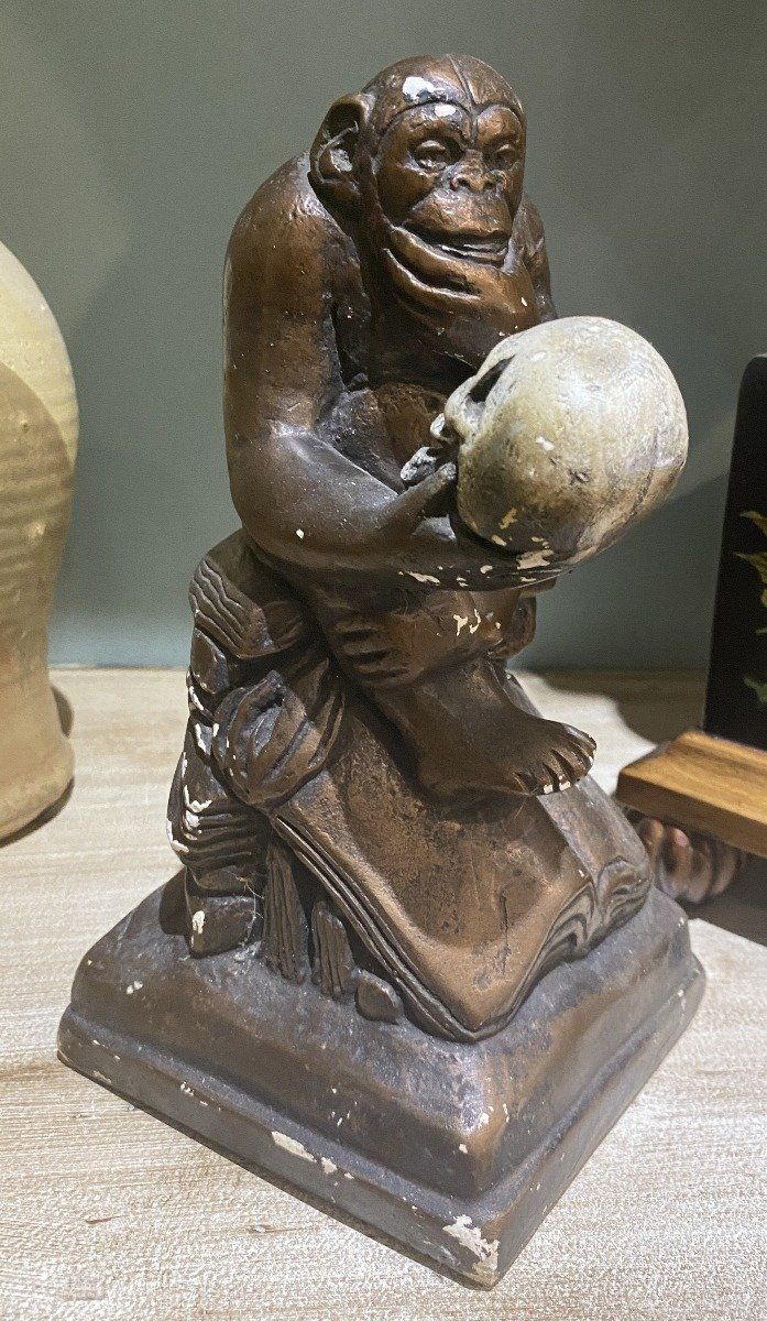 Darwin Ape Figure Holding Skull Thinker Bronze Finish Austin Prod 1962