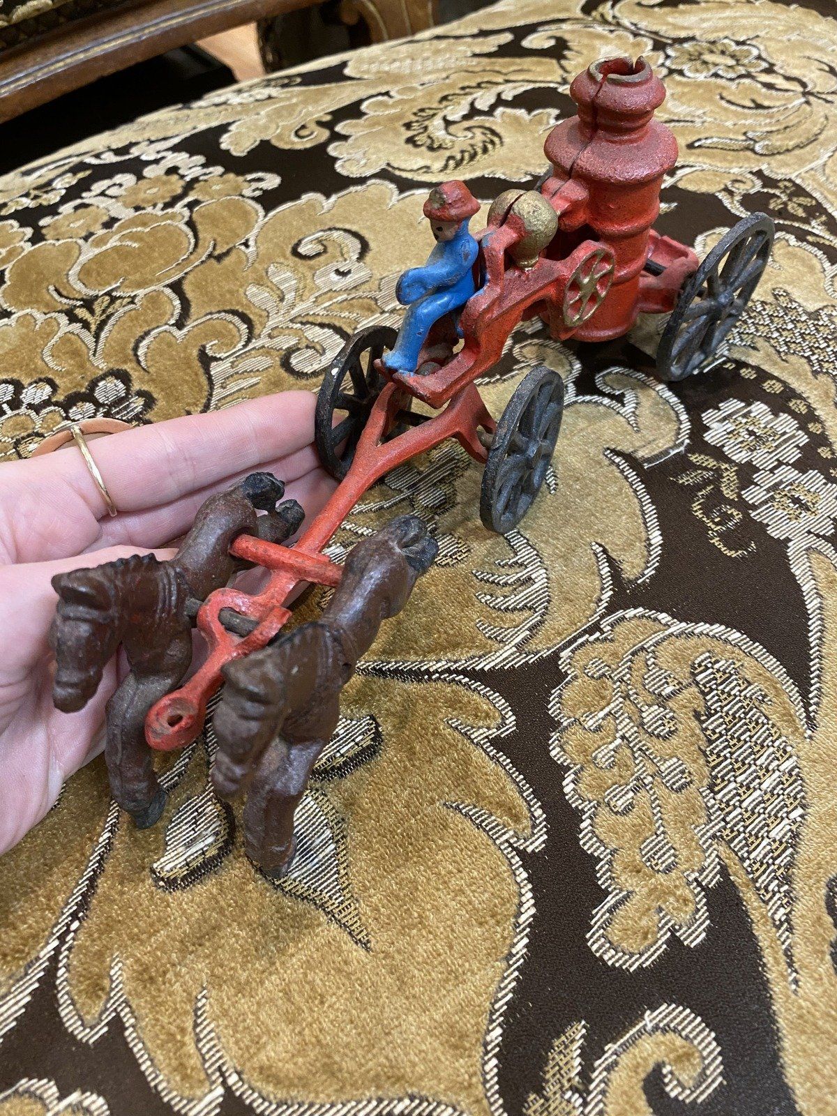 Miniature Cast Iron Vintage Fire Fighter Horse Drawn Toy 6