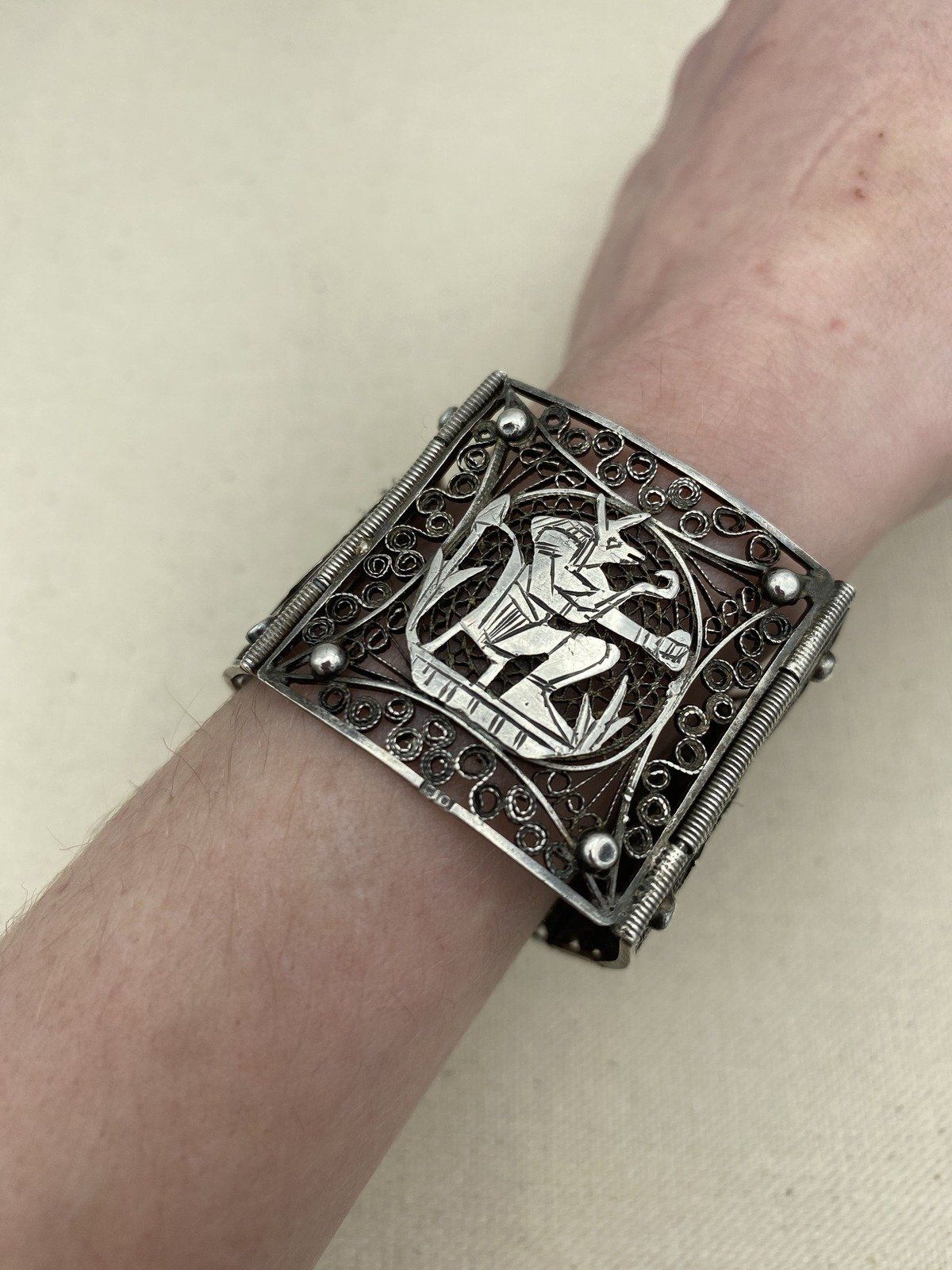 Antique c.1920s Sterling Silver Egyptian Revival Hieroglyphic Filigree Cuff Bracelet 7L 9