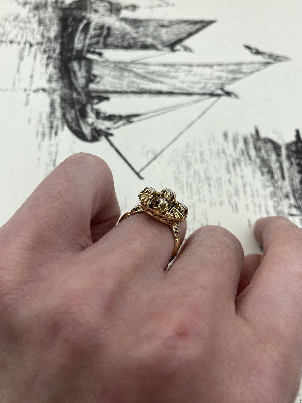 Antique Victorian c.1900s 14k Gold + Black Enamel .75ctw Quintette Diamond Ring 6