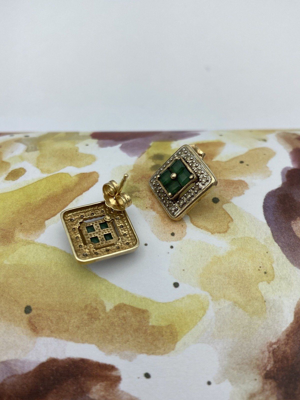 Squared 14k Gold Diamond Framed Princess Cut Emerald Stud Stud Earrings #2934 4