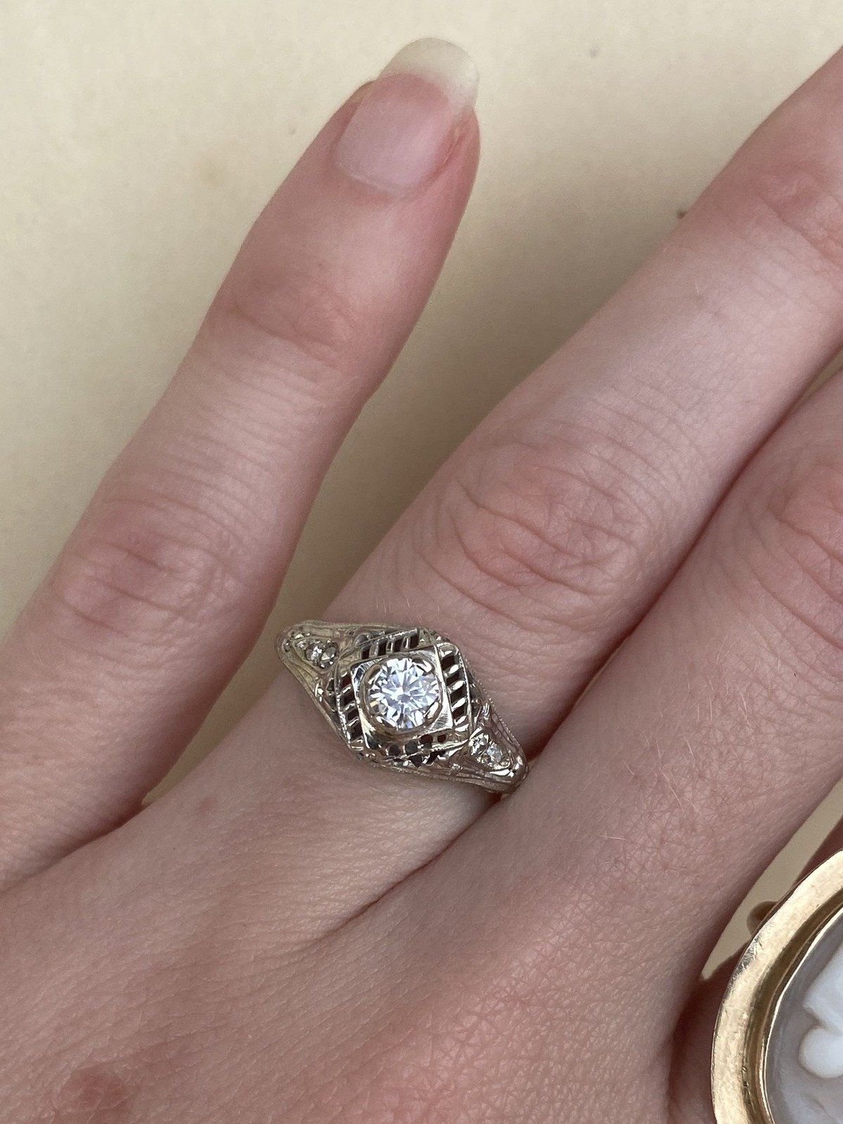 Vintage c.1930s 18k White Gold Art Deco Filigree .26ct Diamond Engagement Ring w Appraisal 7