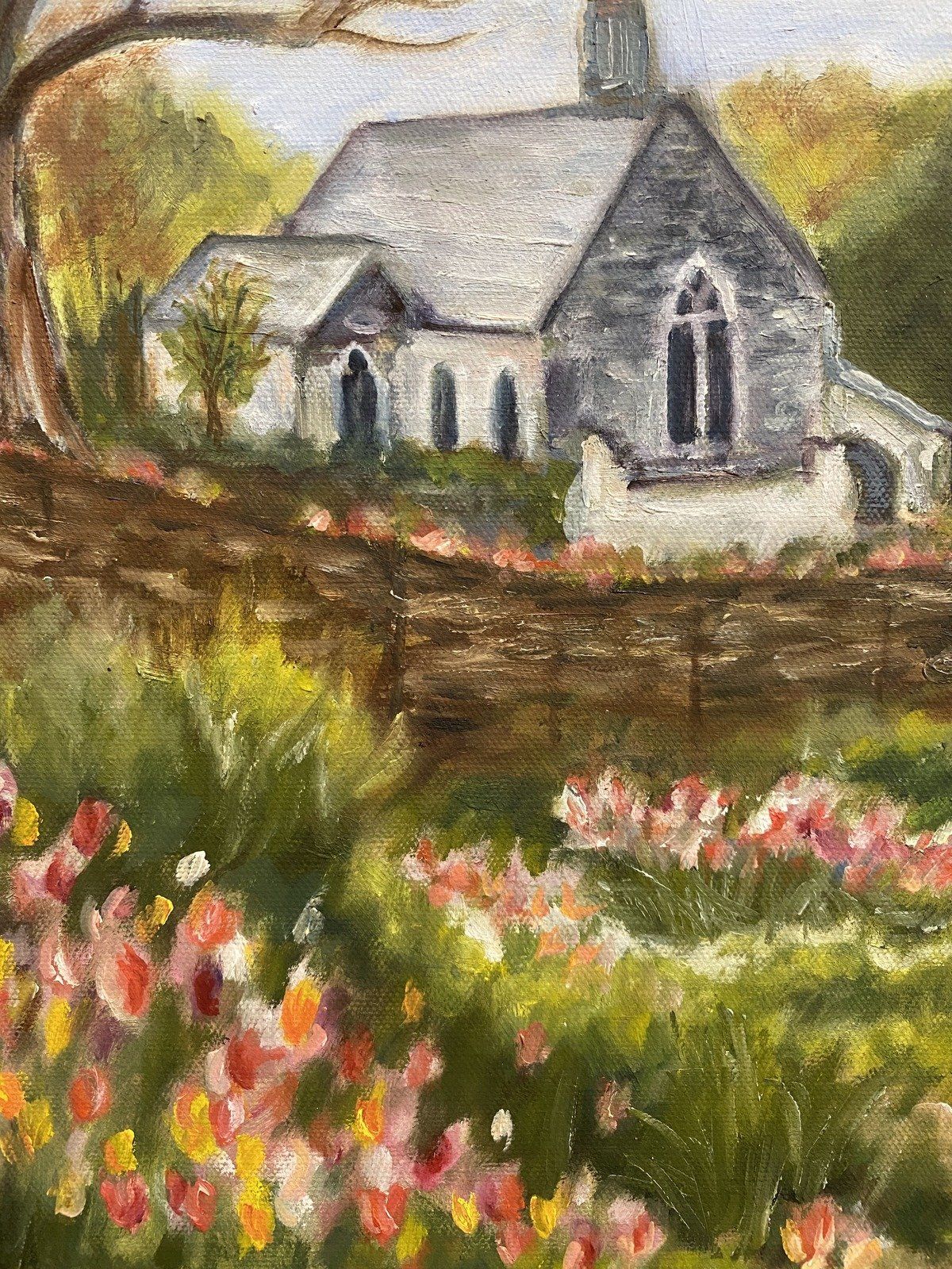 Natural Wood Framed 14x11 Original Acrylic Painting of Floral Pastoral Hillside Church 2