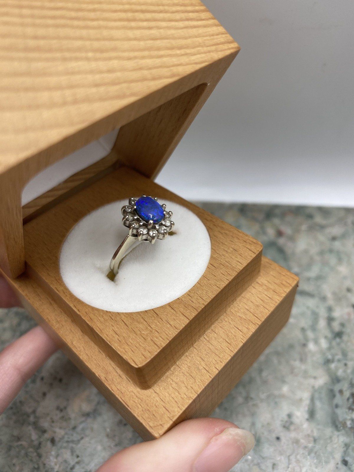 Vintage 14k White Gold Black Opal Princess Ring w Diamond 4
