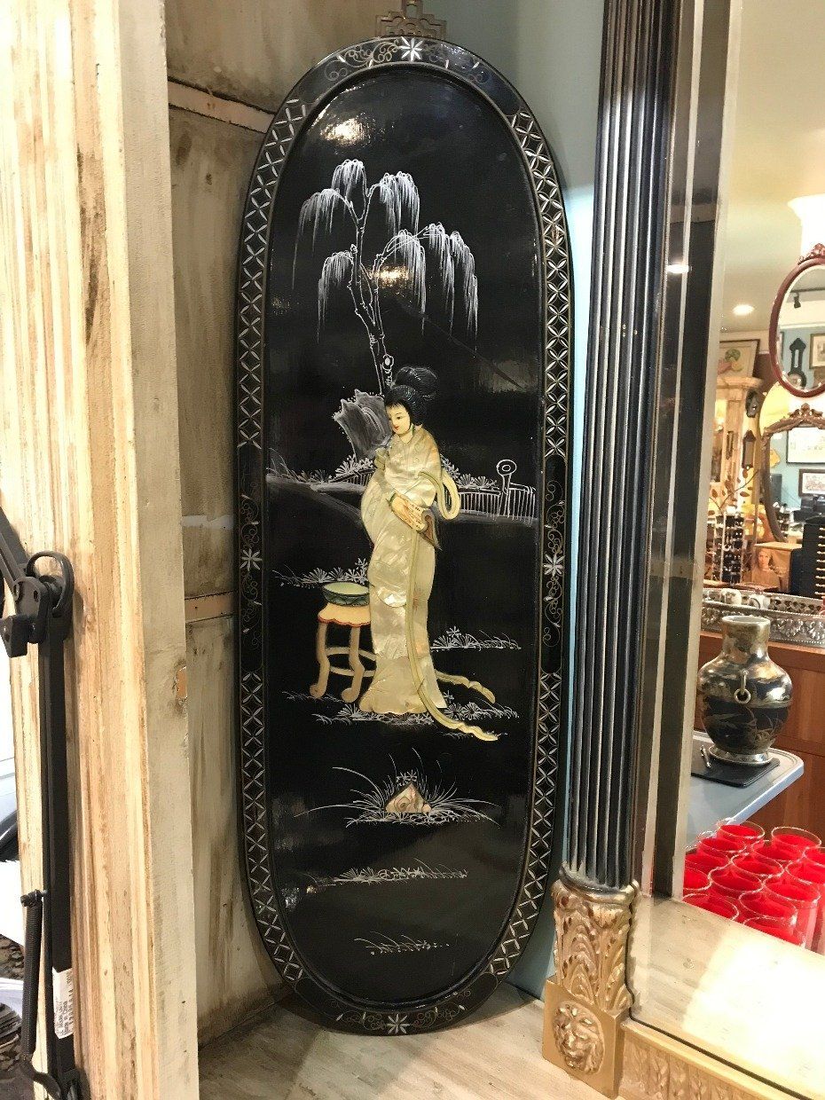 Large Blk Lacquer + Mother of Pearl Japanese Lady in Garden Wall Hanger