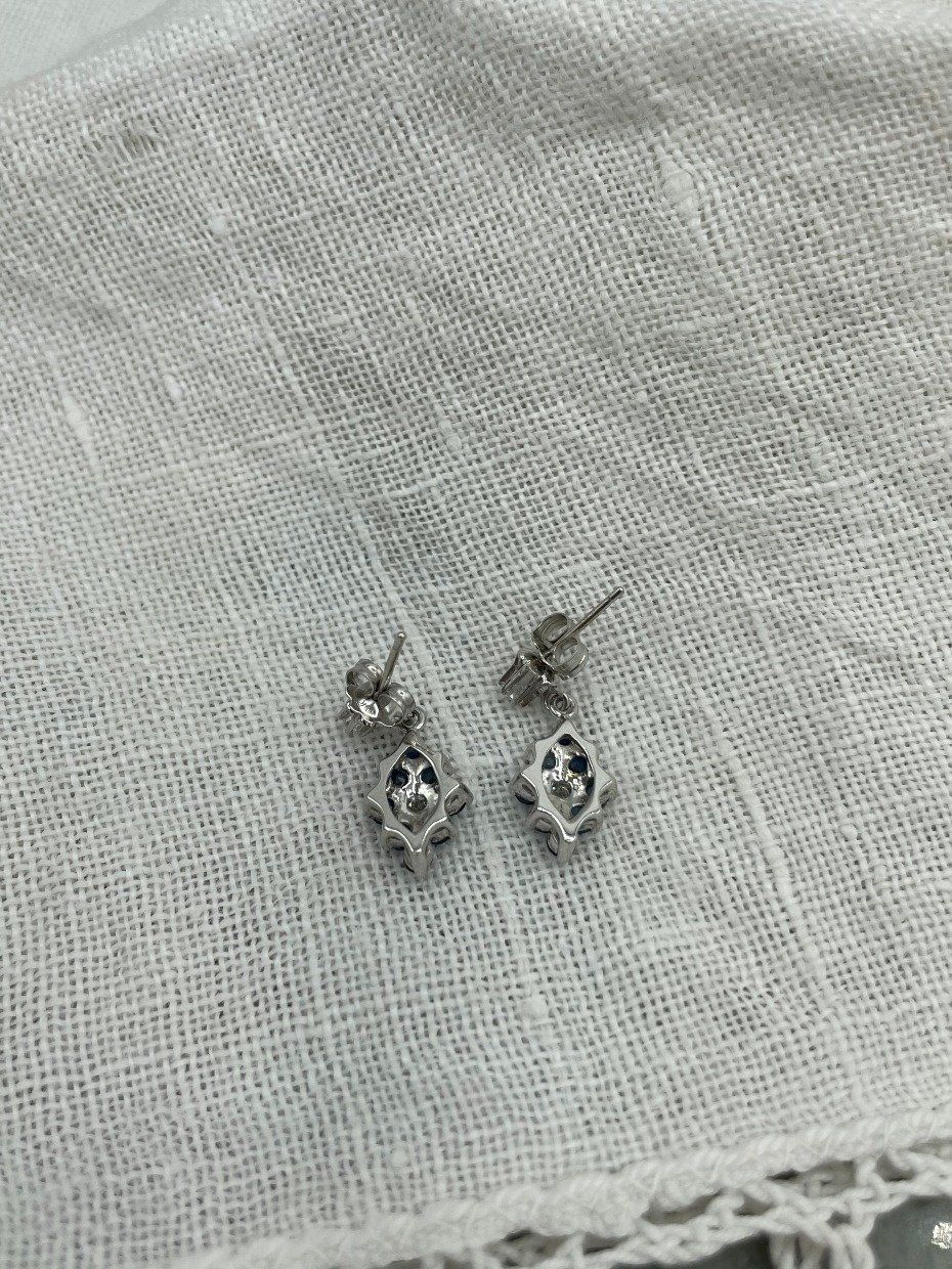 14k White Gold .4ctw Diamond + Natural 1.12ctw Blue Sapphire Cluster Drop Earrings w Buttercup Set Diamond Lobe Stud 4