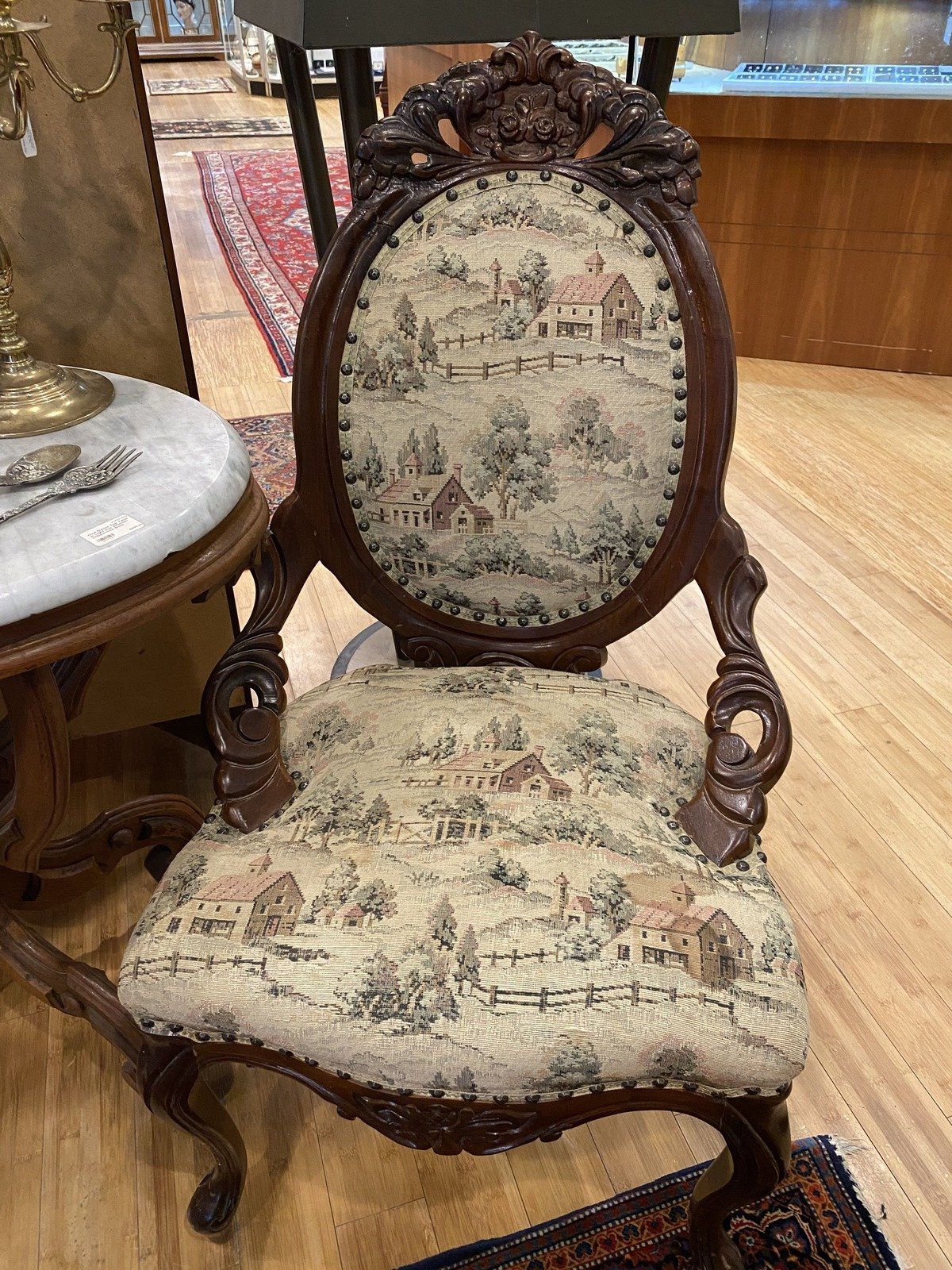 Vintage Classic Needlepoint Farmhouse Motif Side Chair w Carved Details