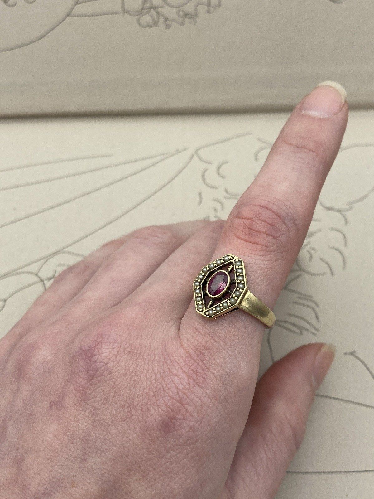 Antique 10k Gold Trapezoid Seed Pearl + Bezel Oval Ruby Navette Ring #2937 11