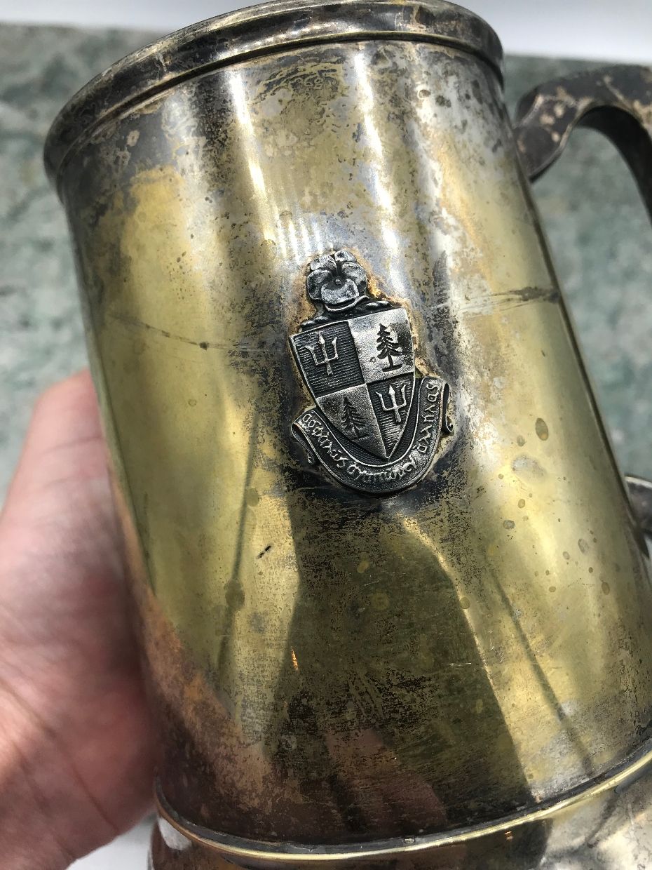 Antique Glass Bottom Plated Delta Delta Delta Sorority Beer Mug Tankard w Trident + Pine Crest 4