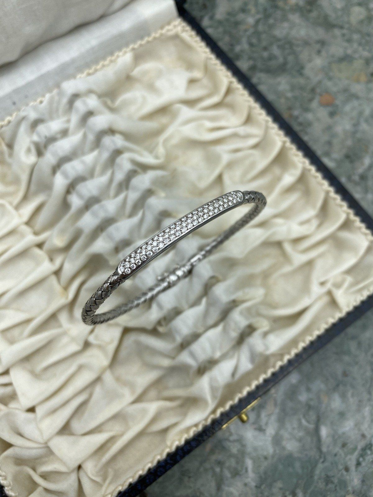 14k White Gold Woven Wire Pave Diamond Bangle Bracelet 7L #2539 4