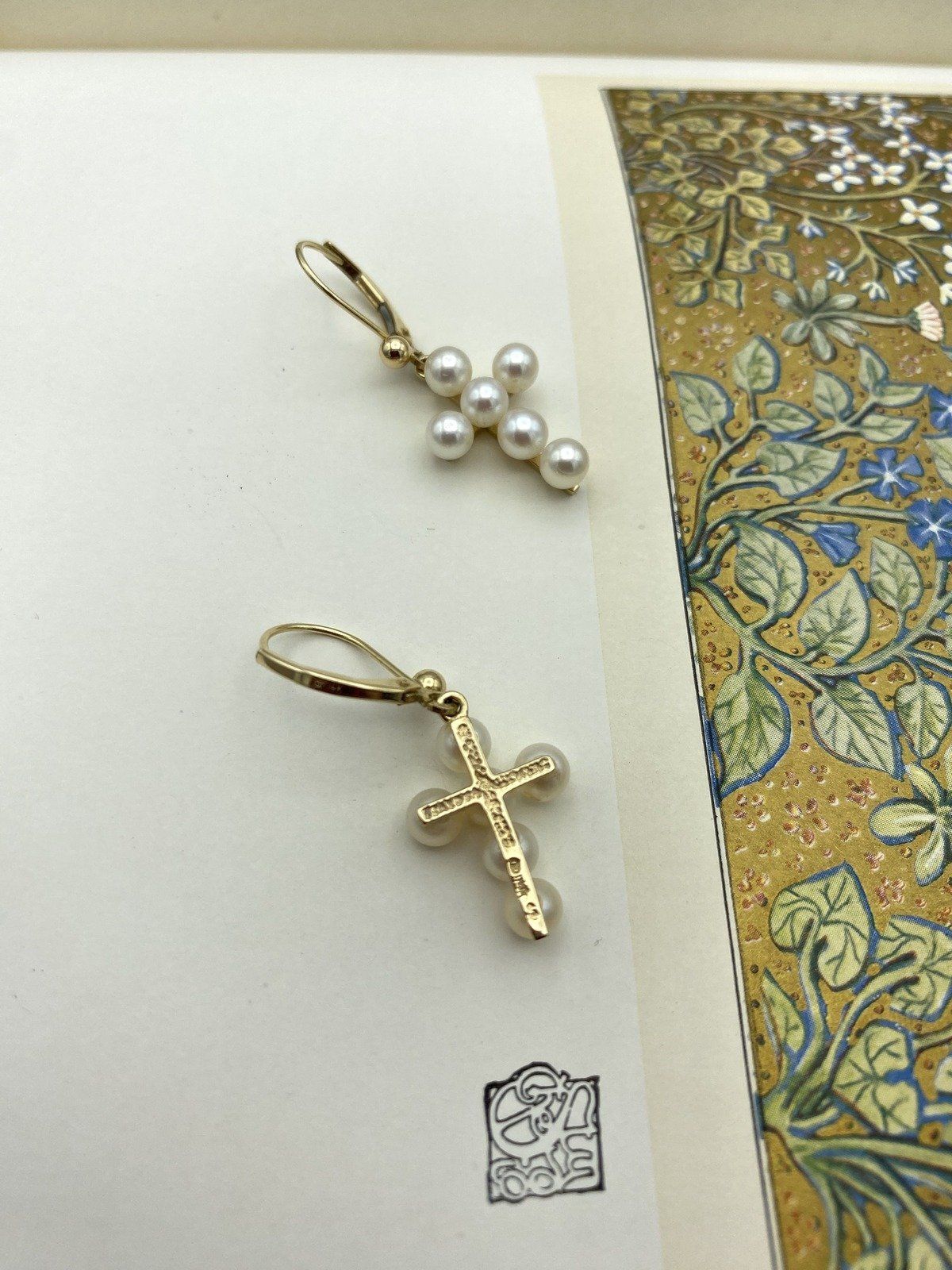 14k Gold Pearl Cross French Clip Drop Earrings #2551 3