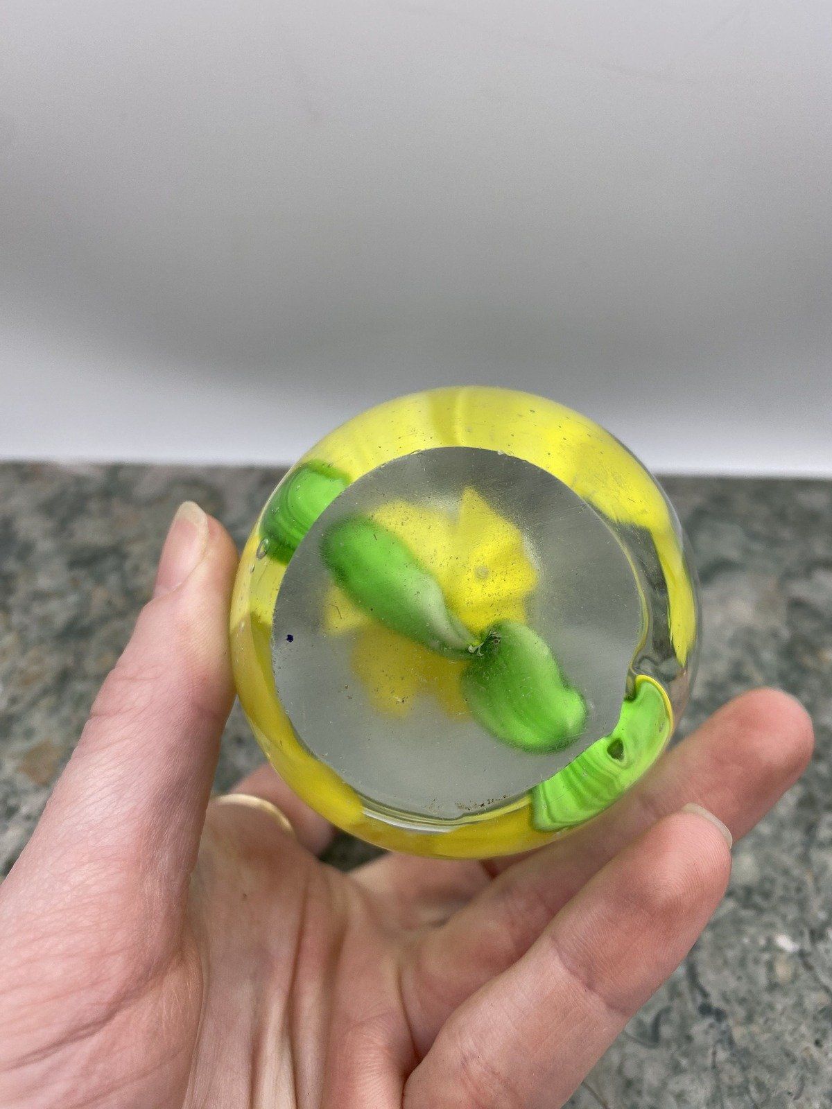 Water Drop Glass Blown Paperweight w Yellow Flower Center 2