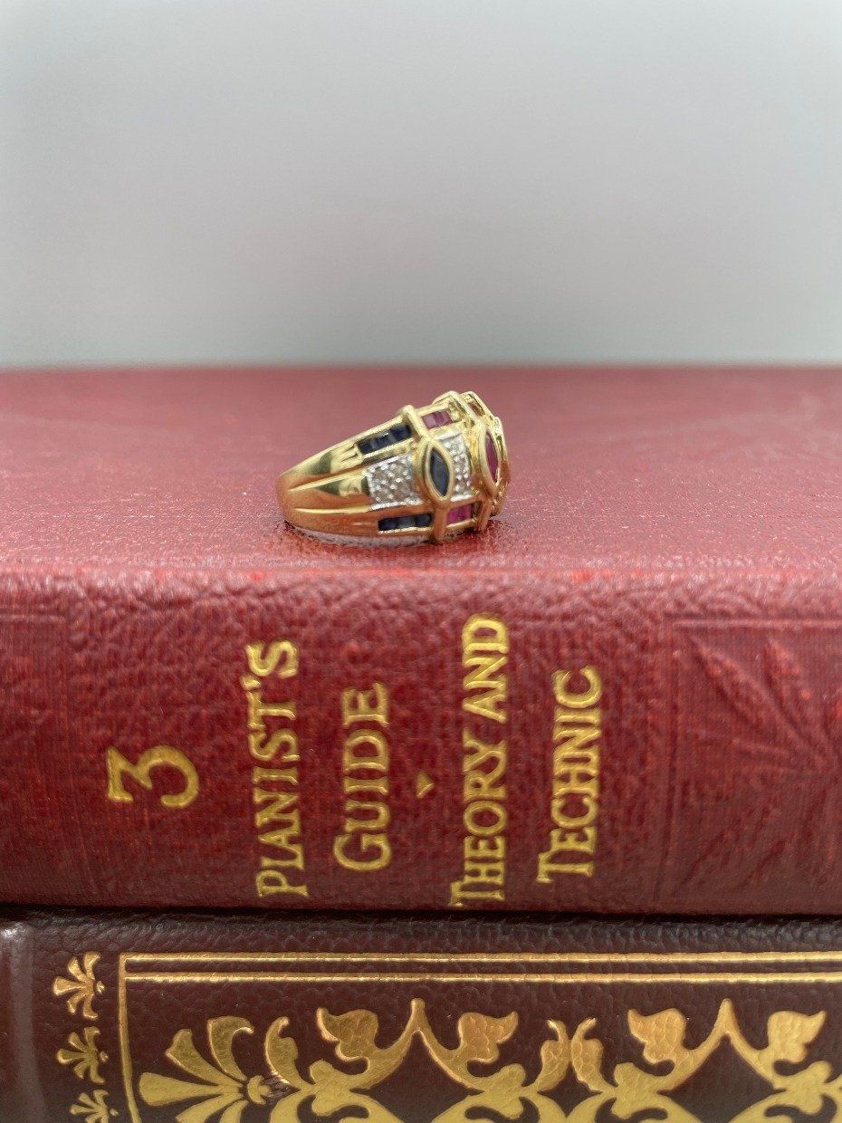 Gorgeous 14k Gold Ruby + Emerald + Sapphire + Diamond Cuff Ring Band 2