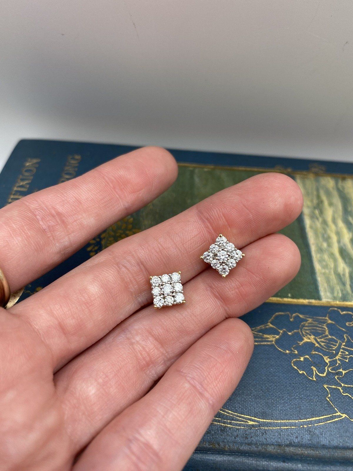 14k Gold Diamond Princess Cut Cluster Screw Back Stud Earrings 2
