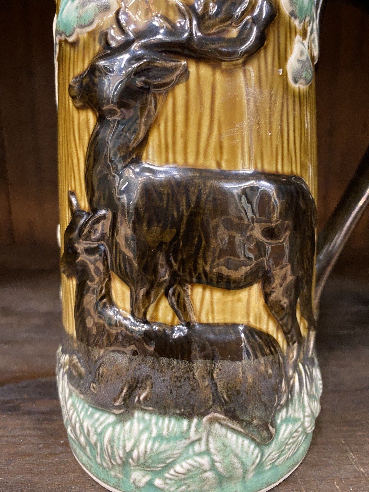 Antique Glazed Ceramic Hunter's Forest Majolica Pitcher 2