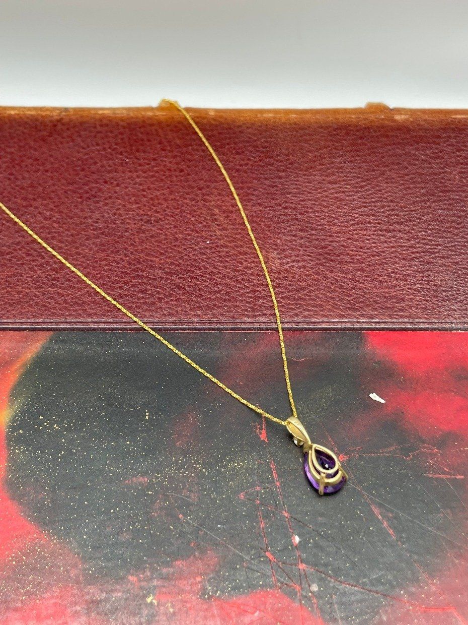 14k Gold Pear Cut Natural Amethyst 18L Necklace w Diamond Accent + Twisted Box Chain 3