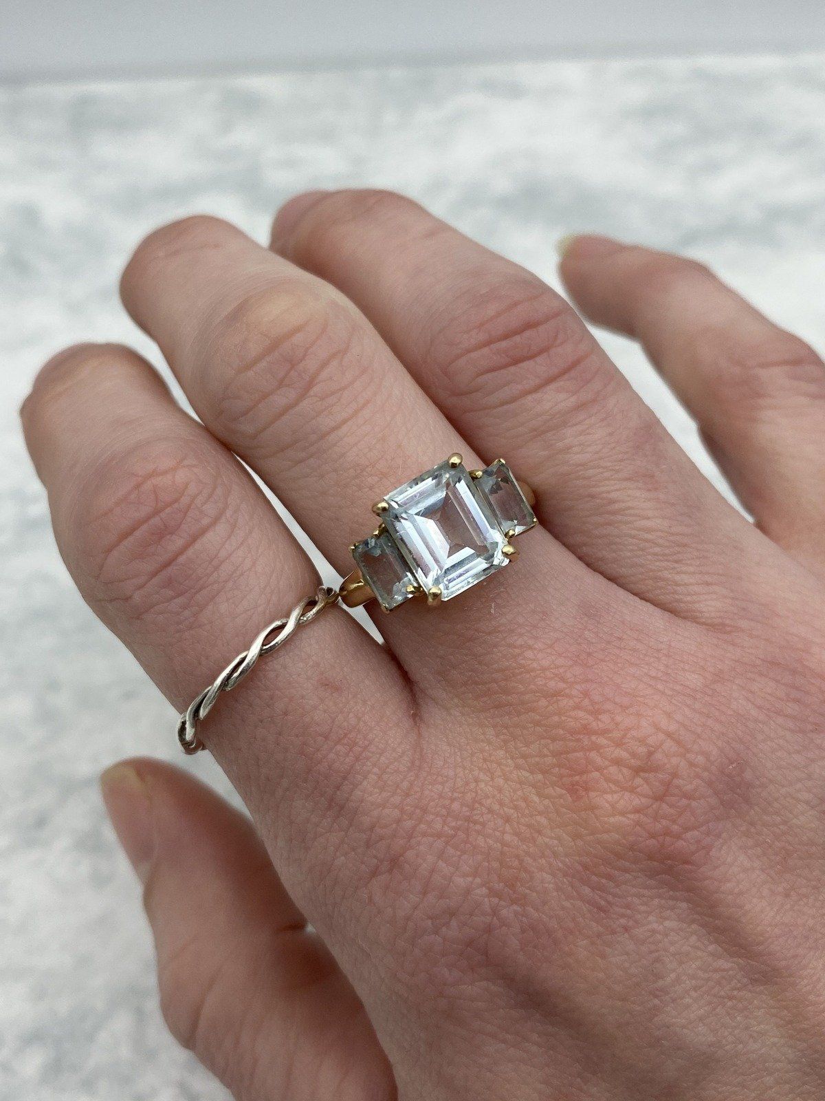 10k Gold Emerald Cut Aquamarine Trio Dress Ring 7