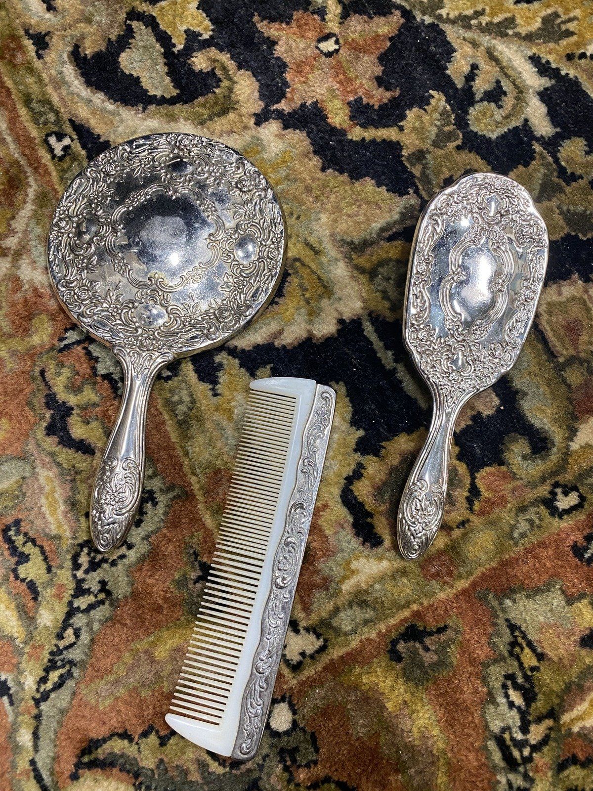 3pc Vintage Repousse Silver Plated Vanity Set