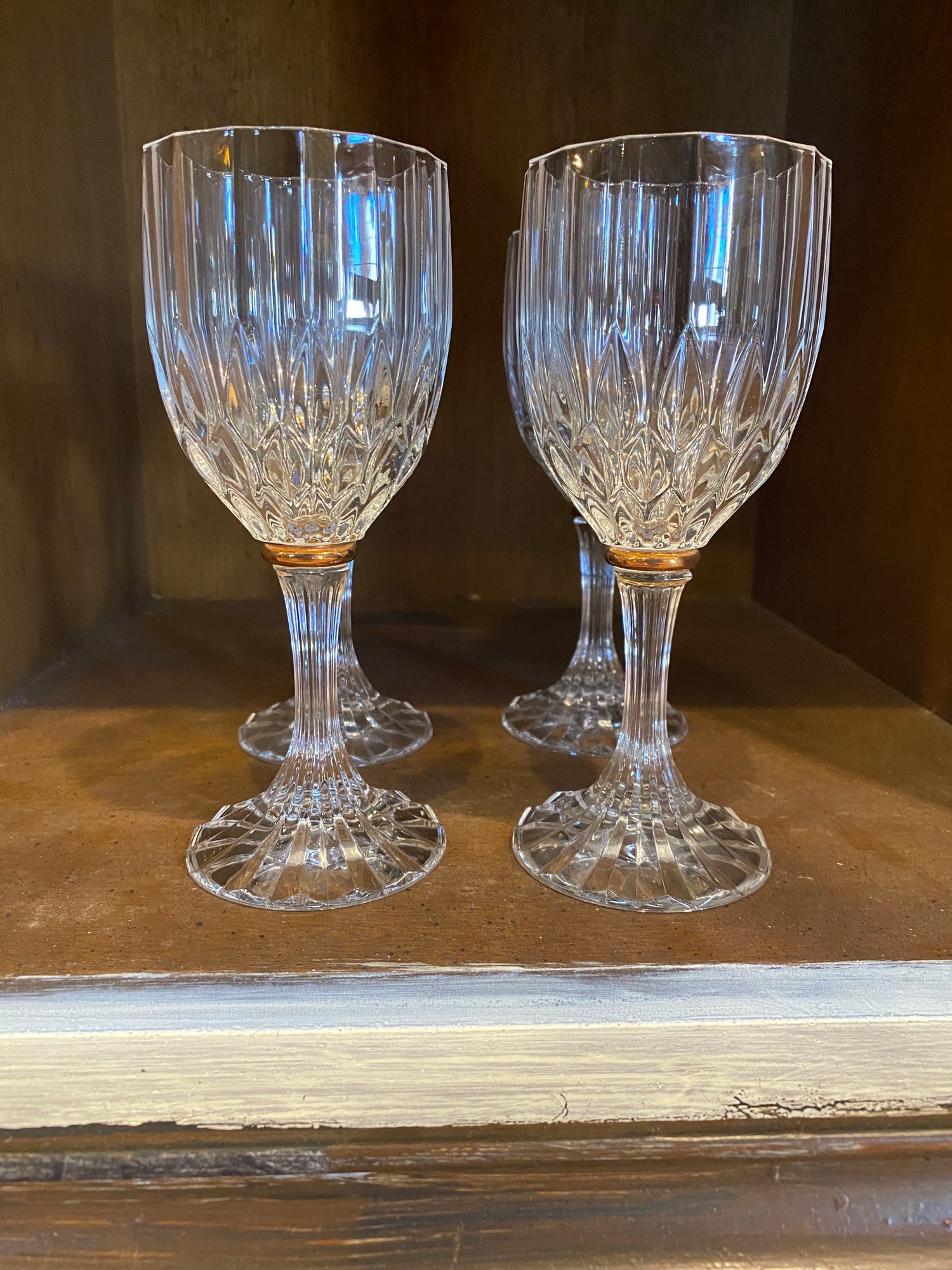 Set of 4 French D'Arques-Durand Gold Wafer Stem Water Glasses