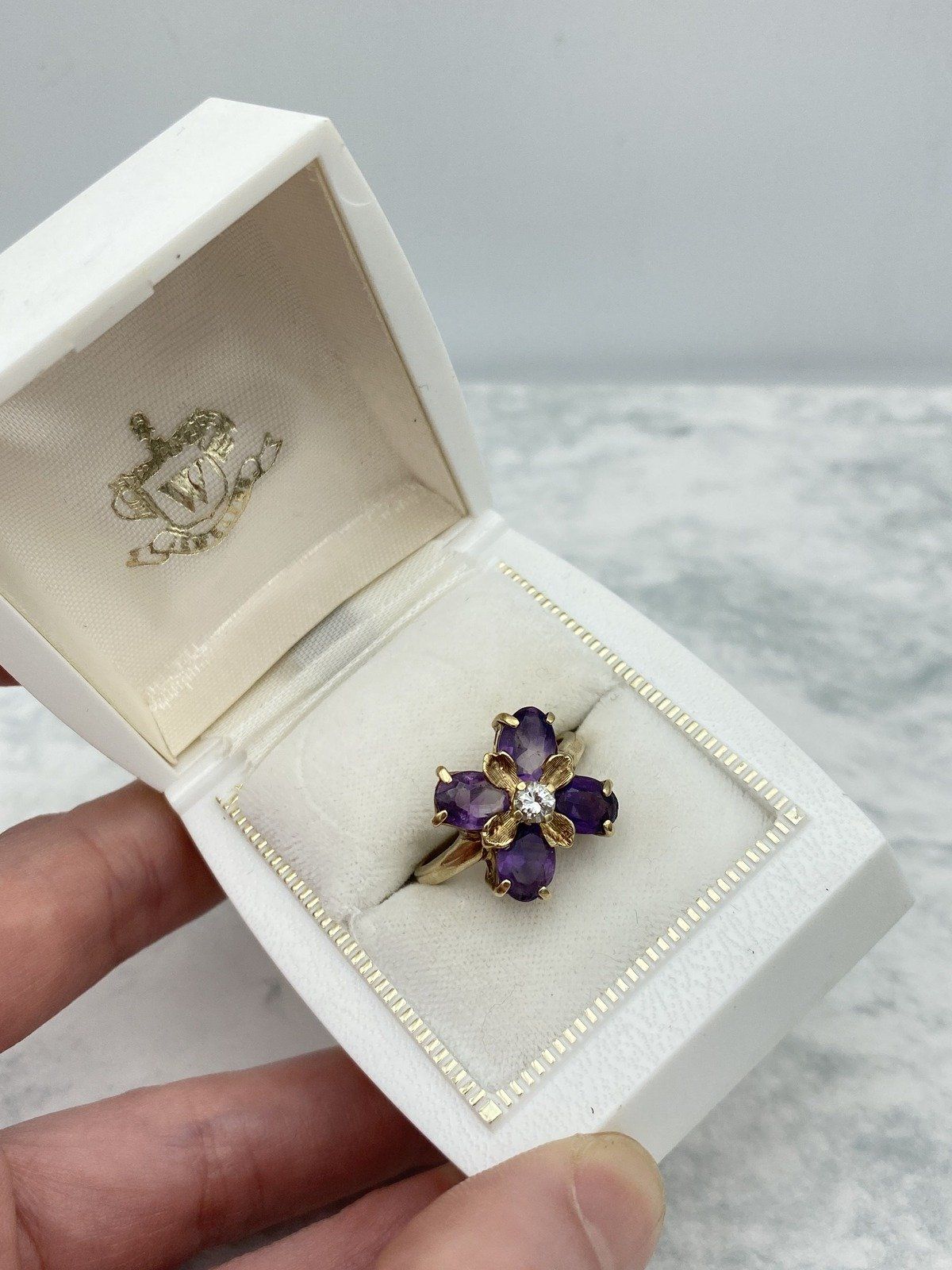 Vintage c.1950s 10k Gold 4 Petal Amethyst + Diamond Clover Ring w Brushed Leaf Secondary Detail 2
