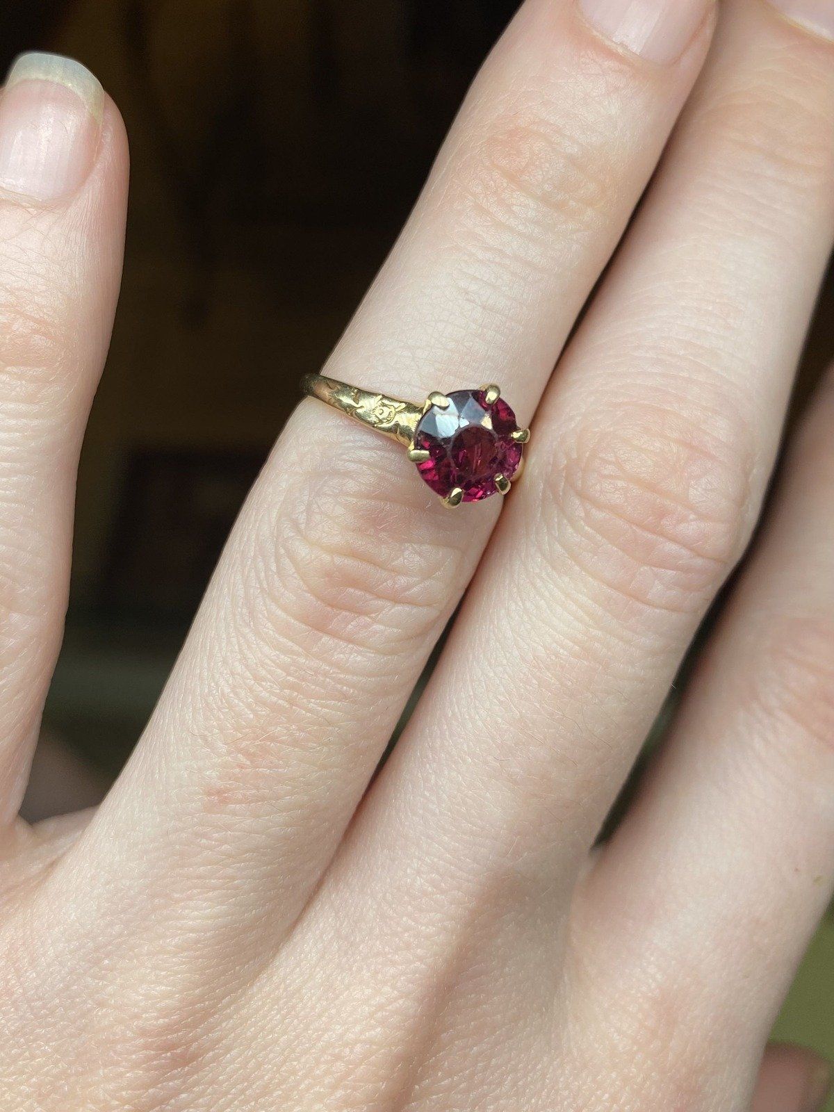 14k Gold Antique Late c.1800s Victorian Rubellite Tourmaline Solitaire Ring w Faint Orange Blossom Shoulders 7
