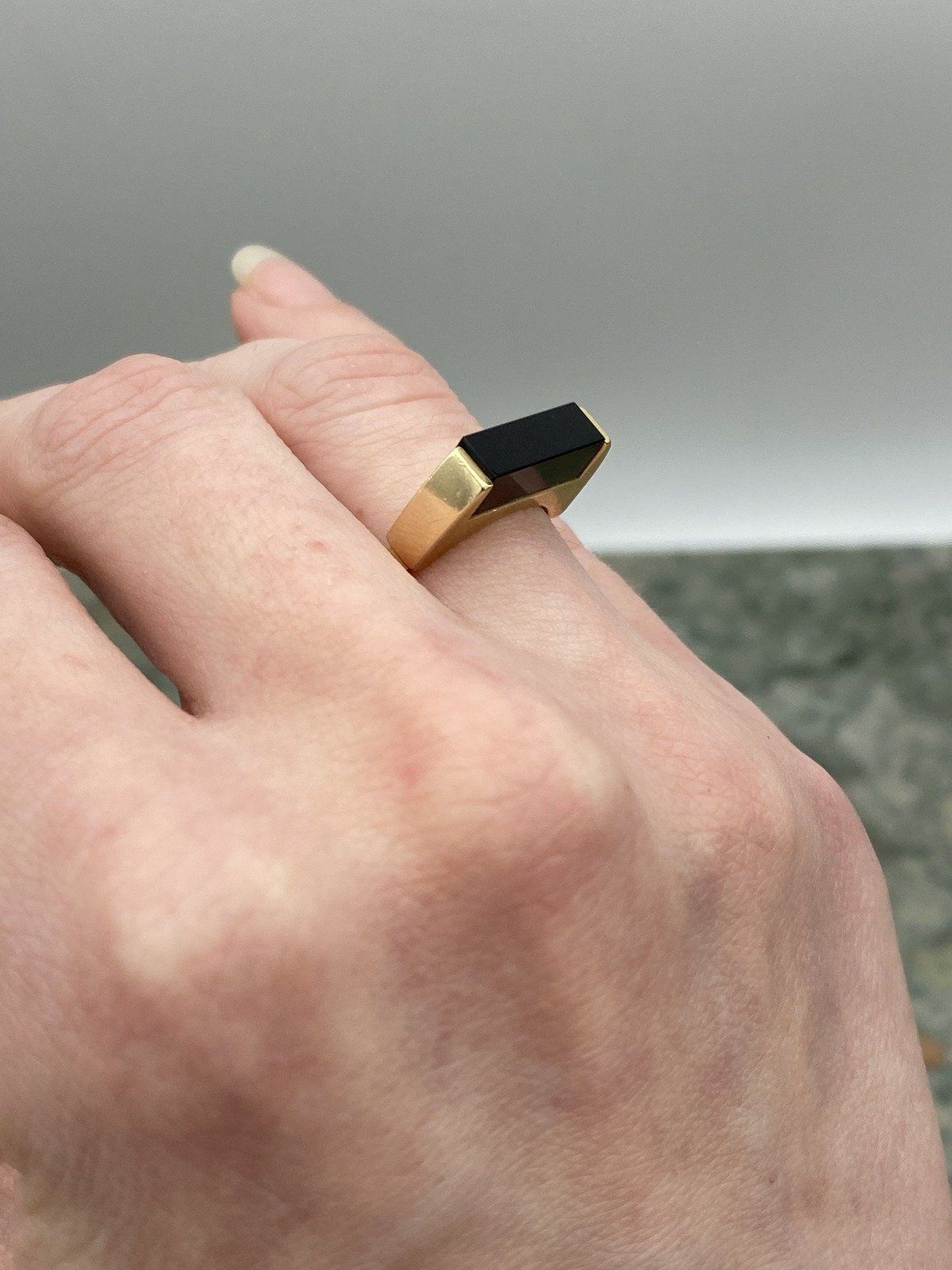 Vintage Mod 14k Gold Artly Made Black Onyx Cubism Sculptural Ring 8