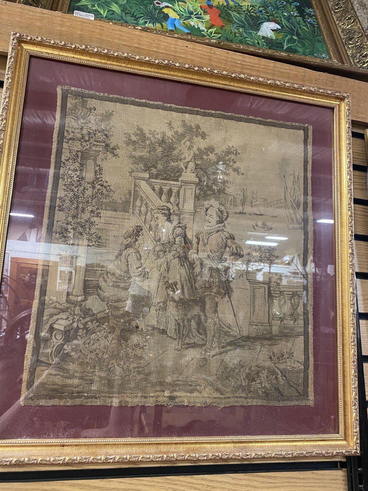 Large Square Framed Antique Figural Tapestry