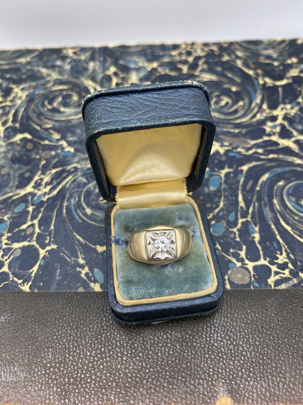 Men's Vintage 14k Gold .40ct Diamond Wedding Ring w White Gold Squared Inset 5