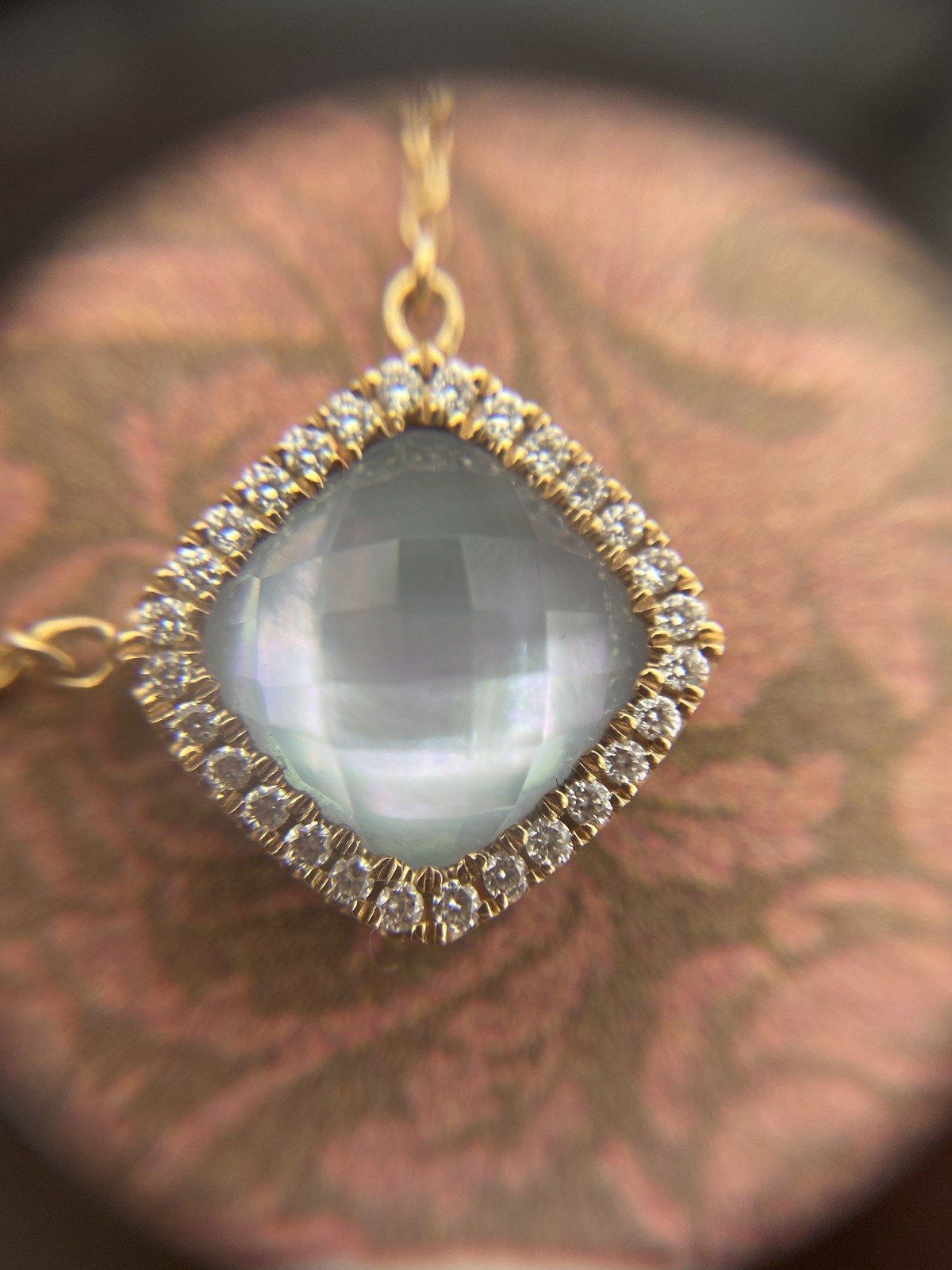 18k Rose Gold Faceted Mother of Pearl Haloed Adjustable 15-17L Necklace #417 4