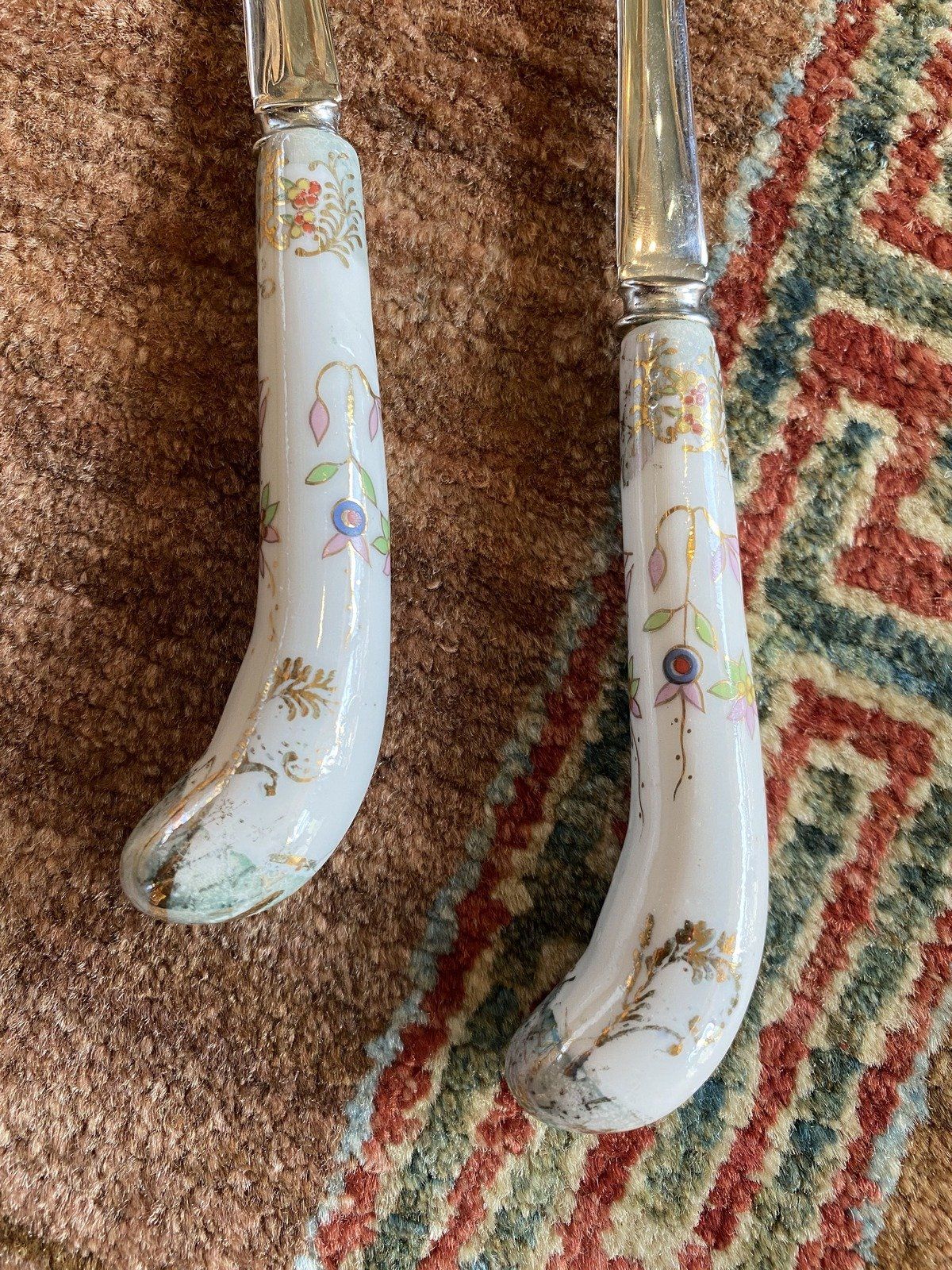 English Botanical + Gilt Porcelain Handle Serving Utensil Set 7