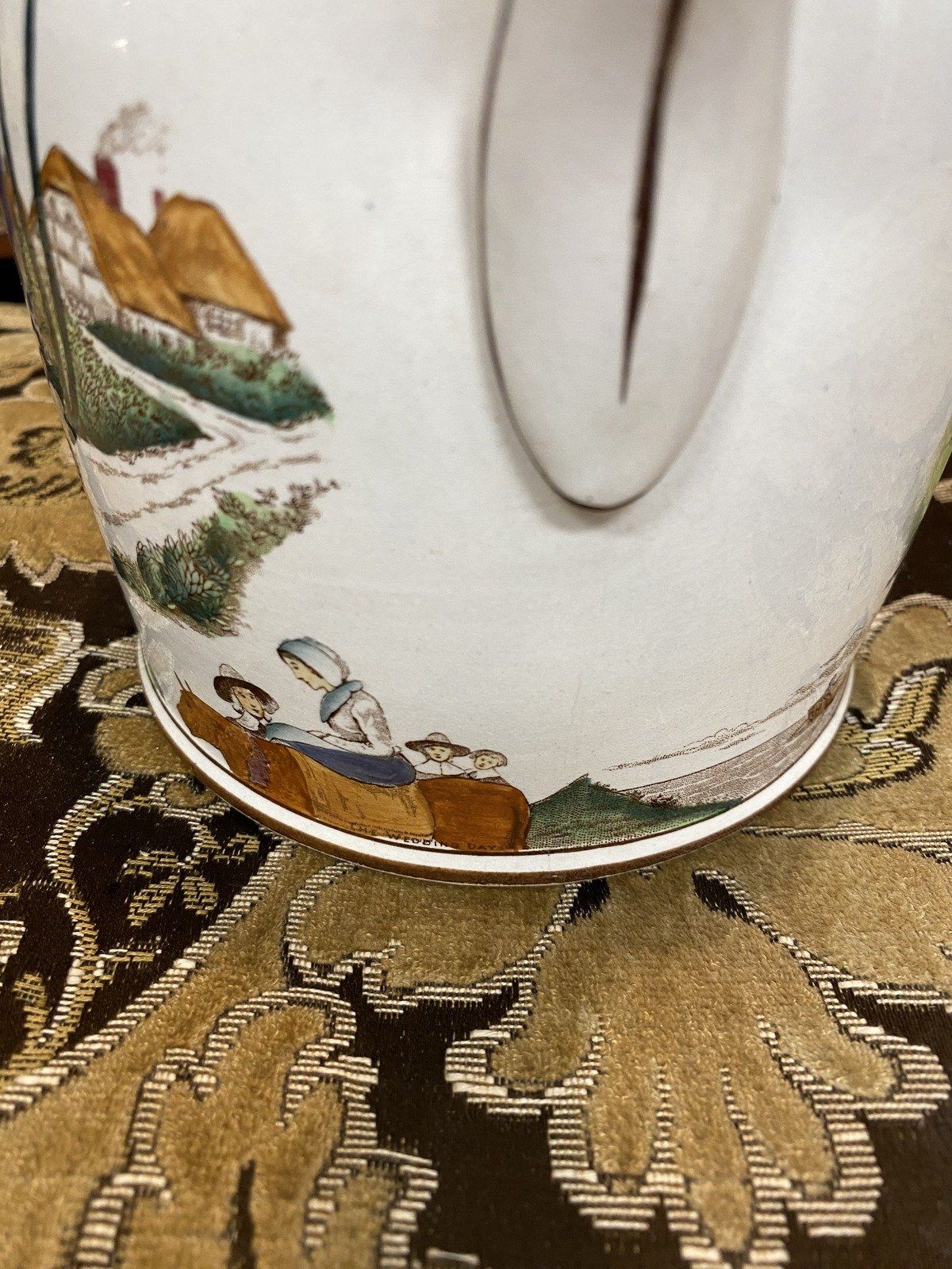 Antique c.1908 Ceramic Hand Painted Mayflower Pilgrimage Finely Detailed Buffalo Pottery Crock Milk Pitcher 10