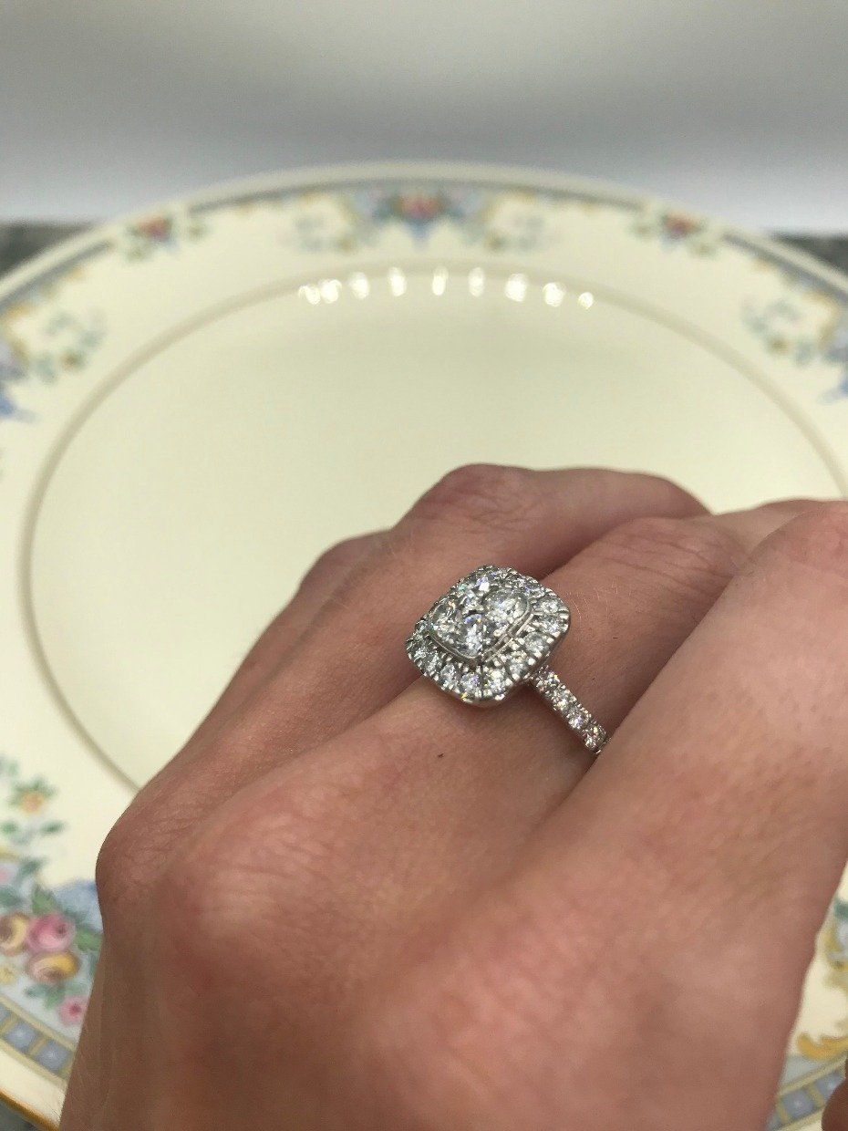 14k White Gold Square Cluster Halo Engagement Ring 3