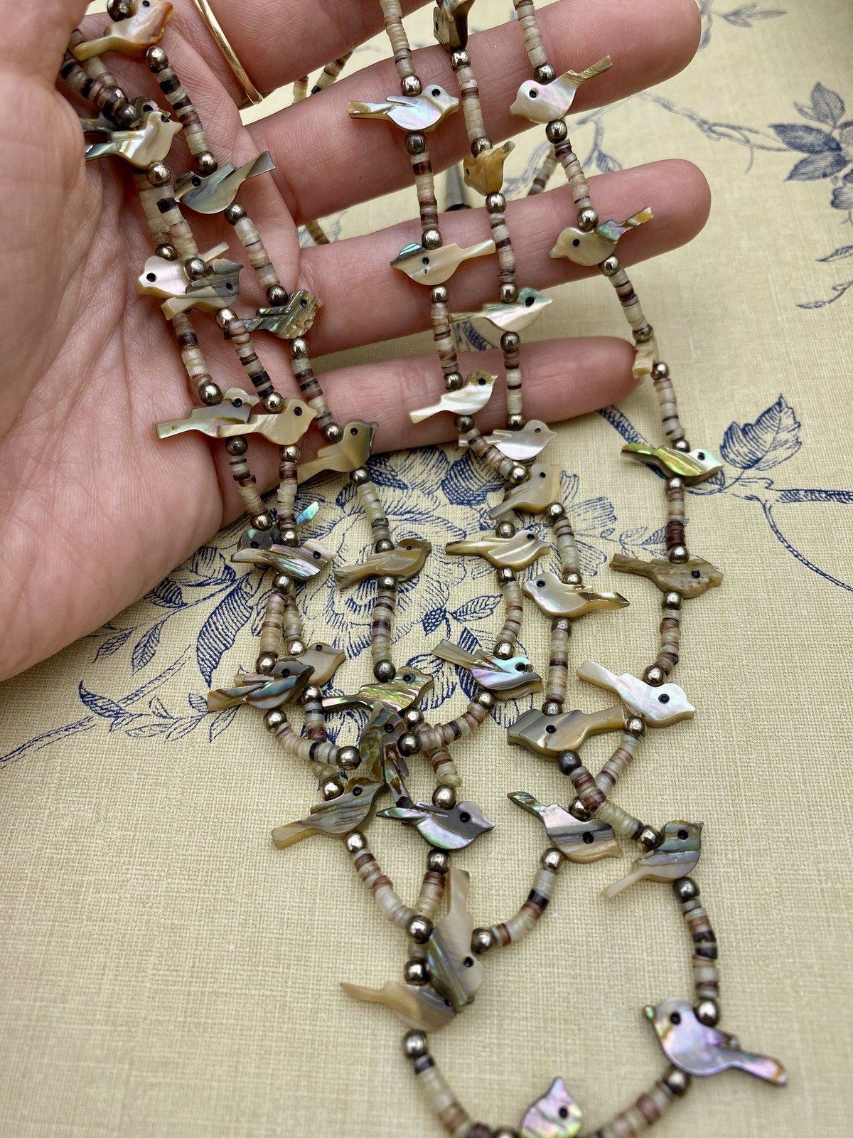 Old Sterling Silver Native American Abalone + Mother of Pearl Bird Fetish Carving Multi Strand Necklace w Horn Accents 8