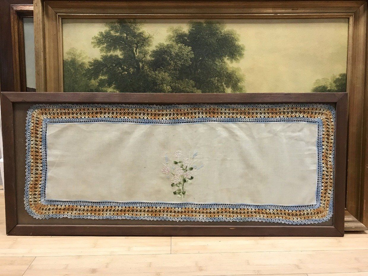Landscape Framed Irish Lace Embroidered Fabric Piece