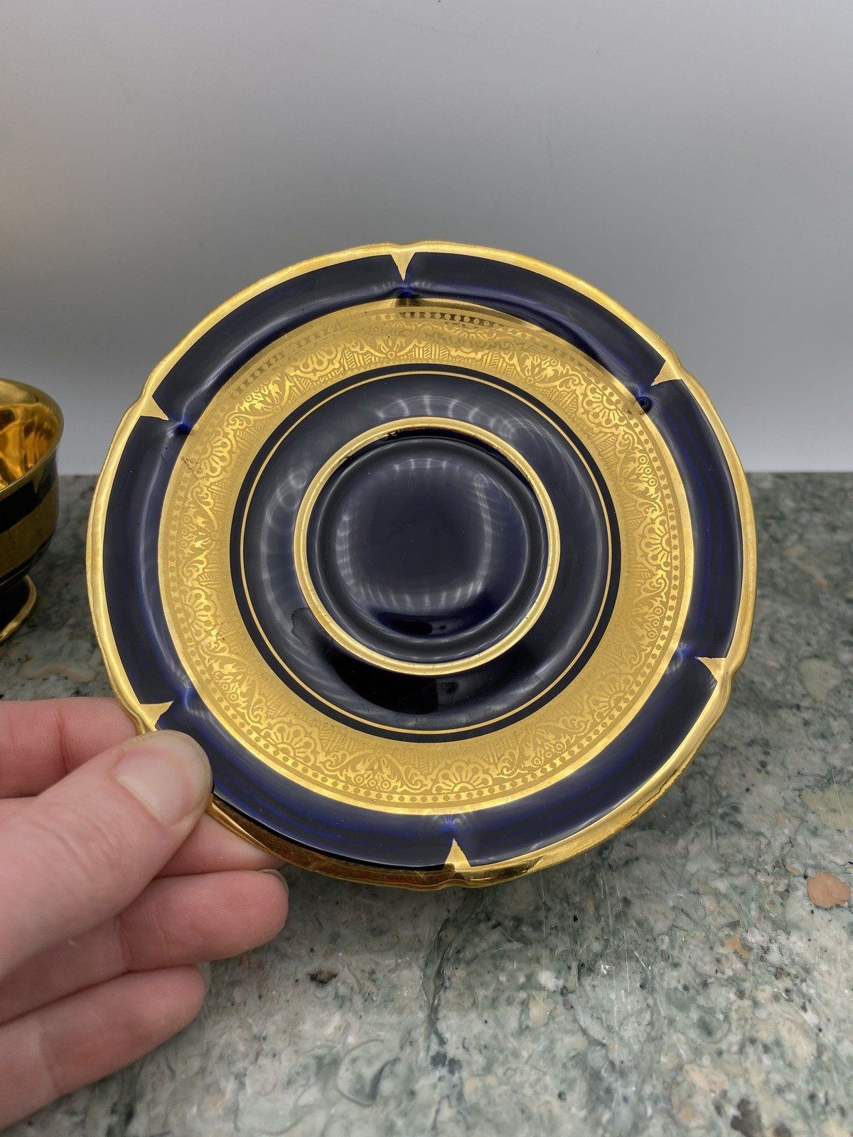 Legle Porcelaine d'Art Limoges French Cobalt + Gilt Demitasse Teacup + Saucer 3