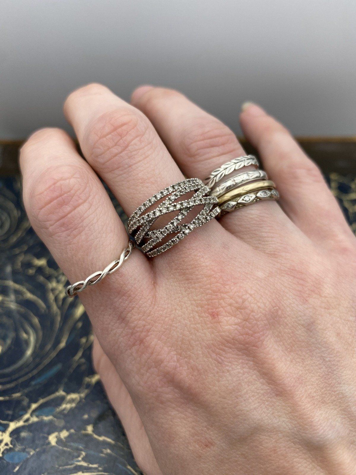 10k White Gold Pave Multi Band Crisscross Wide Ring Band Cuff 5