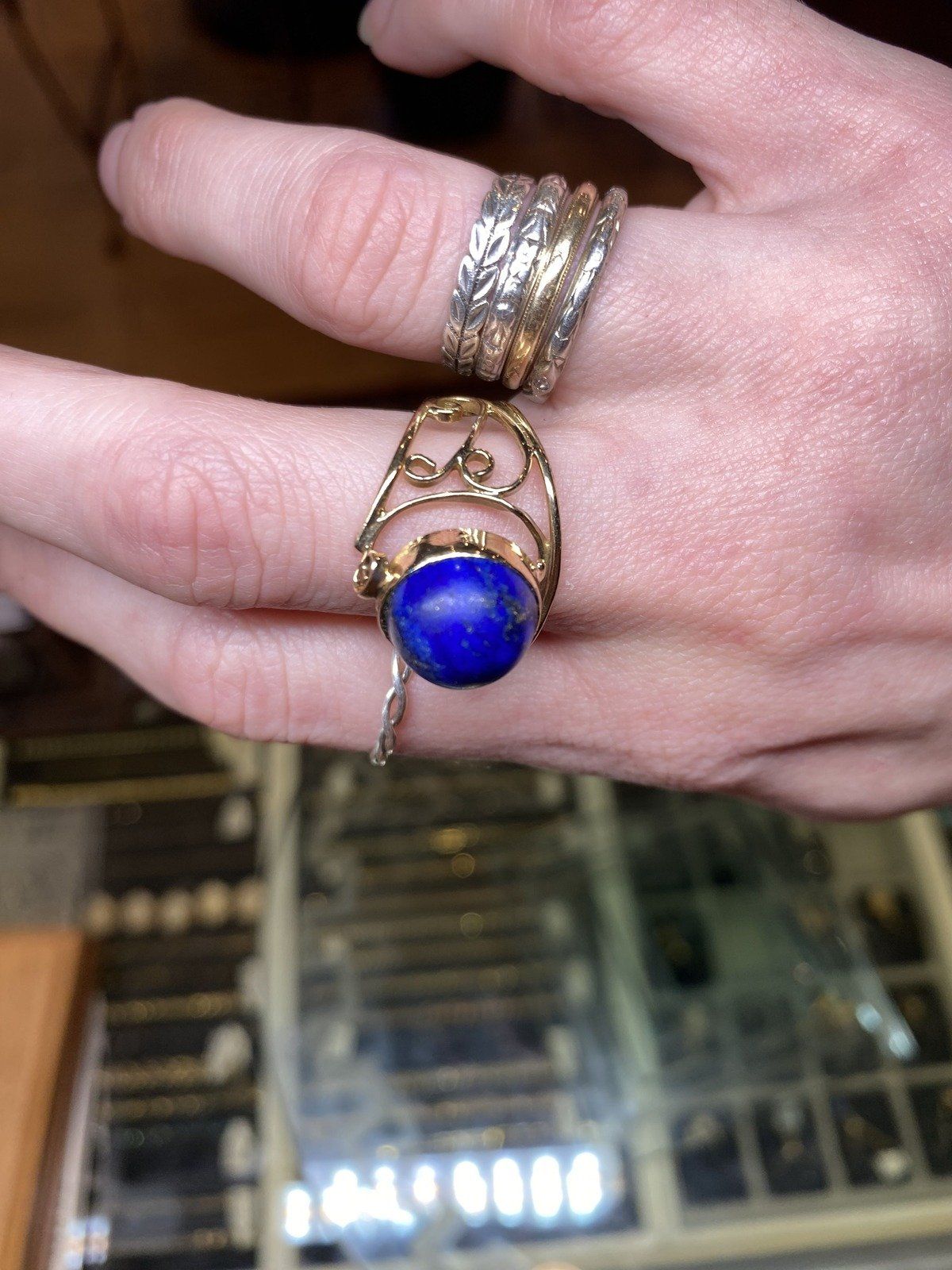Vintage 14k Sculptural Lace Lapis Lazuli Polished Statement Ring 13
